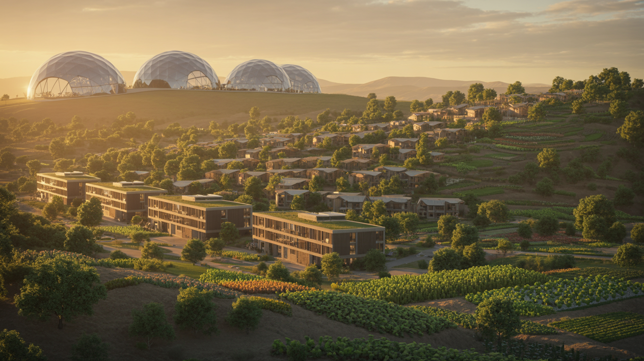 Aerial view of a self-sufficient sustainable community at golden hour — bio-domes, public buildings, integrated housing, and permaculture gardens woven together